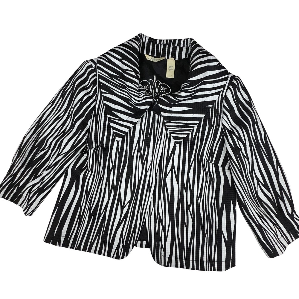 Trevan Zebra Print Textured Blazer Jacket Womens 4 Black White Collared Poly